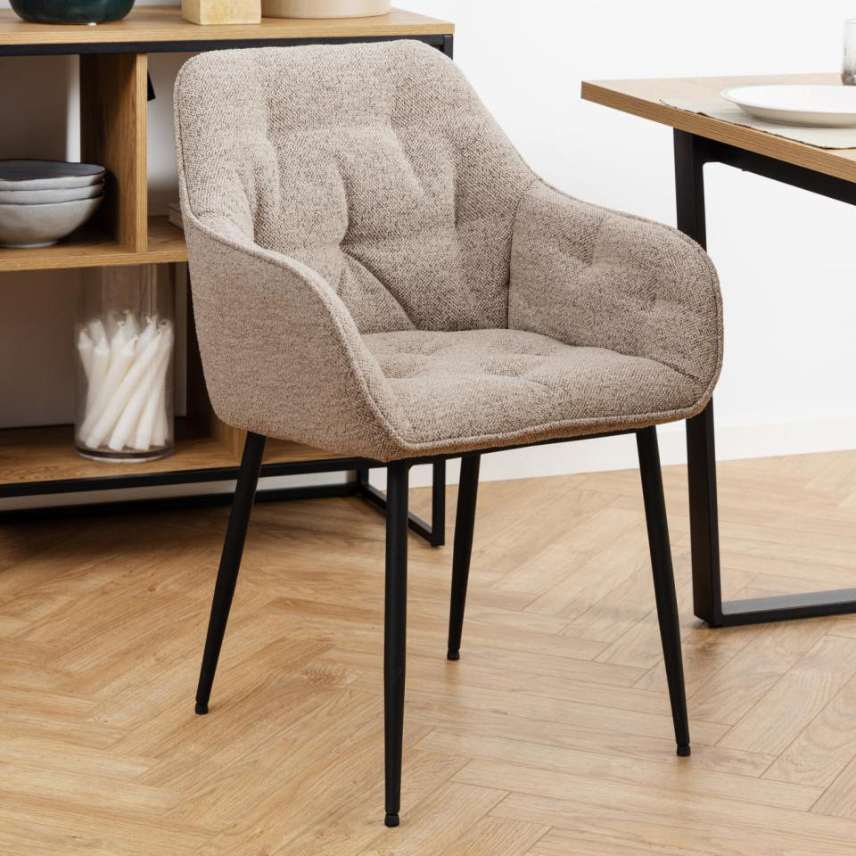 Brooke Armrest Fabric Dining Chair In Light Beige With Beautiful Tufting, Set Of 2 Chairs