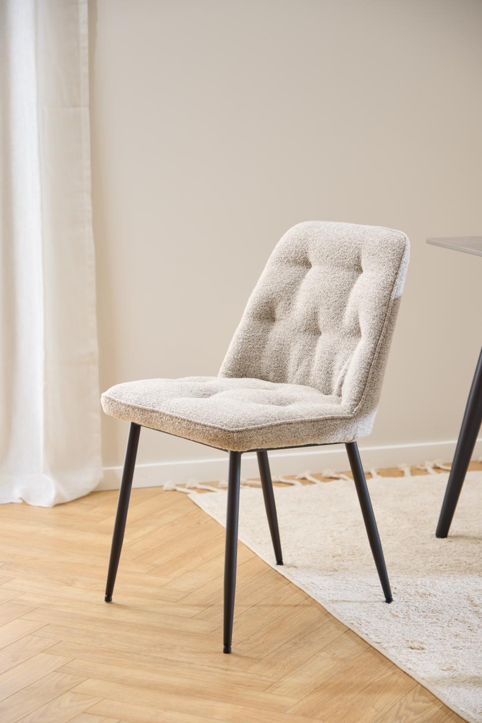 Brooke Fabric Dining Chair In Beige With Stylish Black Steel Legs And Tufting, Set Of 2 Chairs