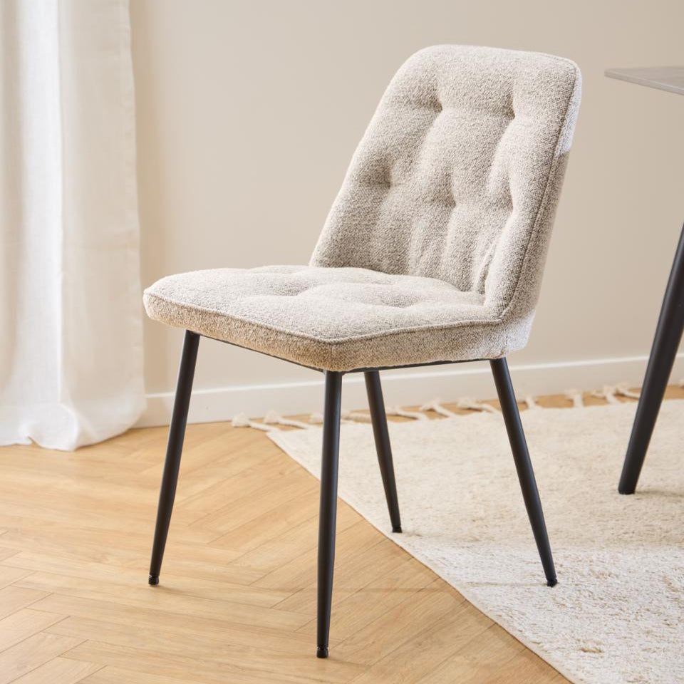 Brooke Fabric Dining Chair In Beige With Stylish Black Steel Legs And Tufting, Set Of 2 Chairs