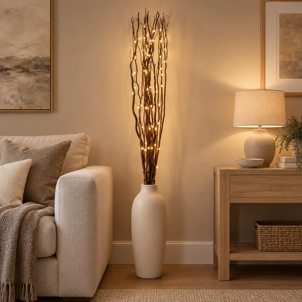 Brown illuminated willow twigs styled in a warm modern living room