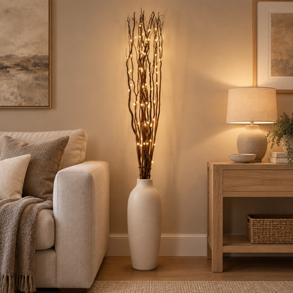 Brown illuminated willow twigs styled in a warm modern living room