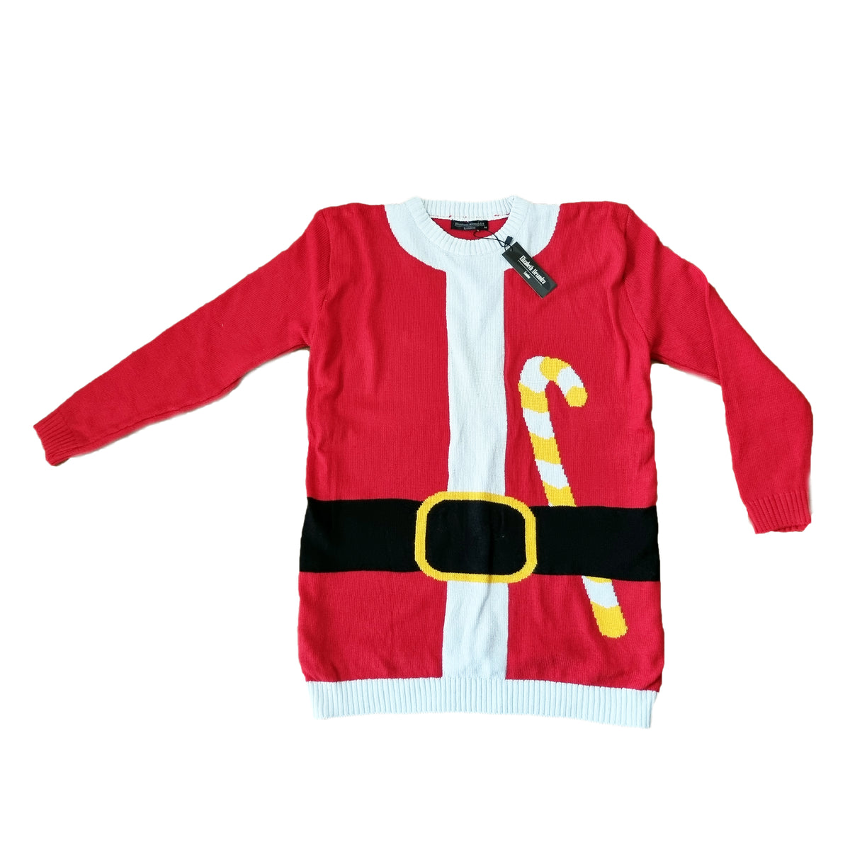 A red and white knit sweater styled like Santa's suit, featuring a black belt with a yellow buckle and a yellow-and-white striped candy cane graphic on the front.