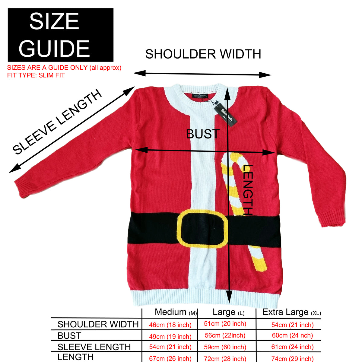 A size guide diagram for a Christmas sweater costume, showing a red, white, and black knit sweater with a candy cane and yellow belt graphic, labeled with measurements for shoulder width, sleeve length, and bust. A size table at the bottom lists measurements for Medium, Large, and Extra Large.