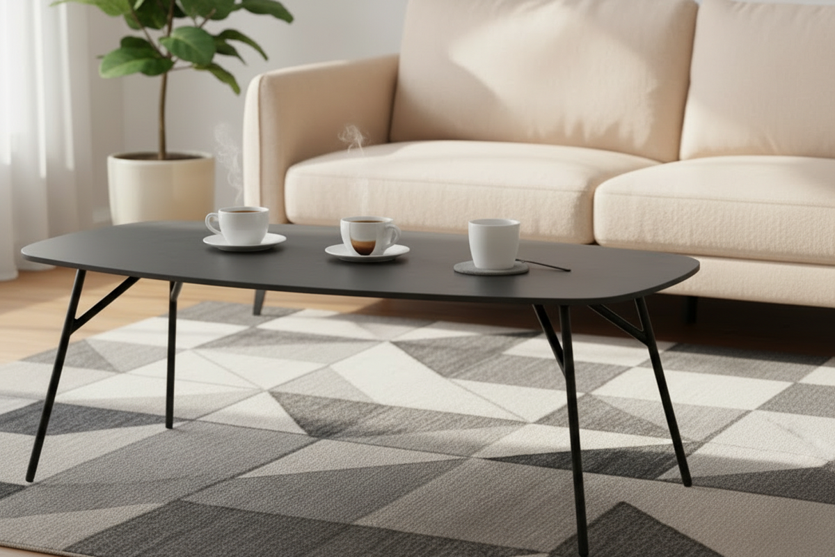 Coffee table with cups on a patterned rug in a living room