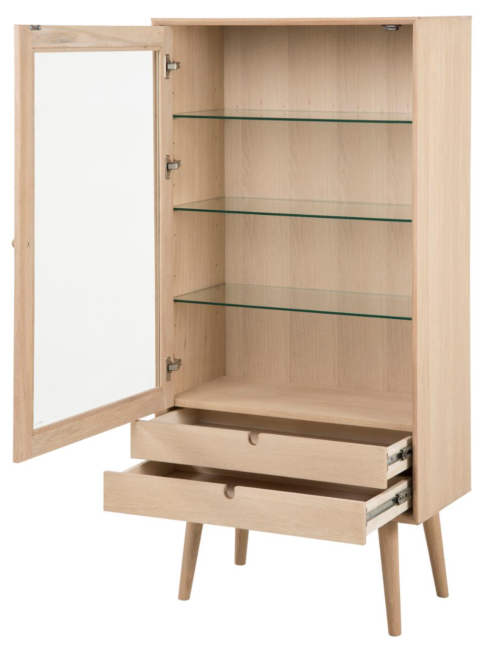 Wooden cabinet with glass shelves and drawers on a white background
