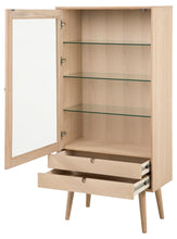 Load image into Gallery viewer, Wooden cabinet with glass shelves and drawers on a white background
