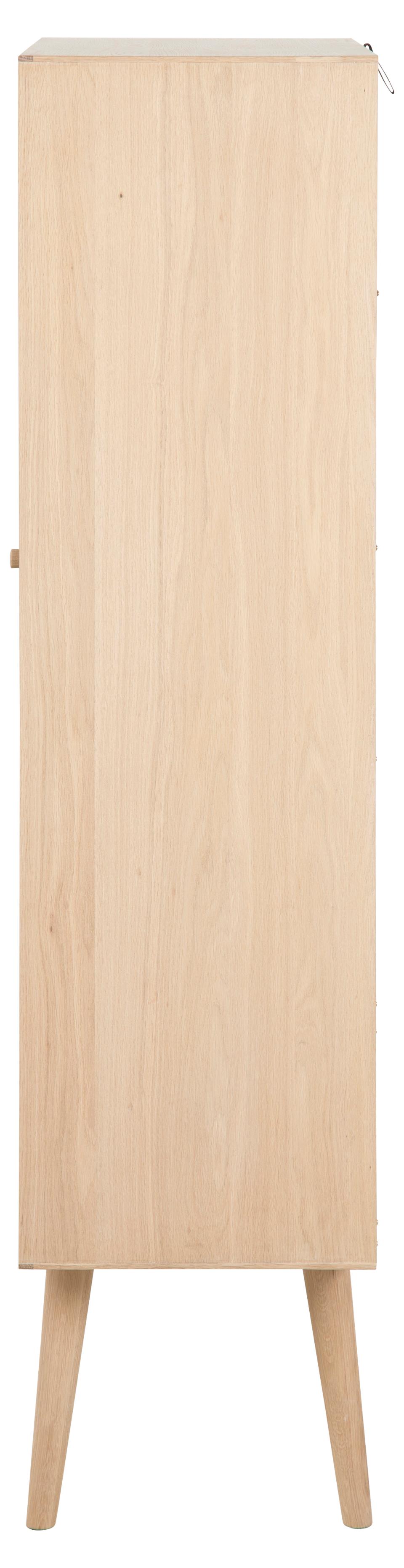 Tall light wood cabinet with four legs on a white background