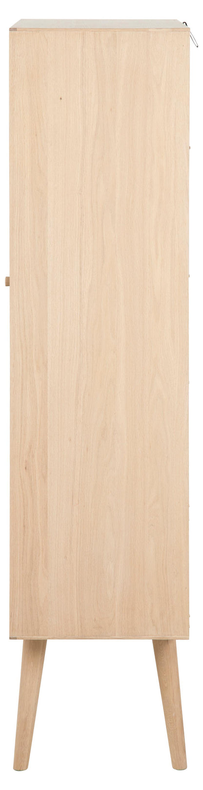 Tall light wood cabinet with four legs on a white background