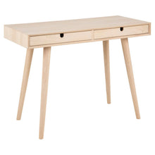 Load image into Gallery viewer, A light natural wood writing desk with two drawers and tapered legs, shown on a plain white background.
