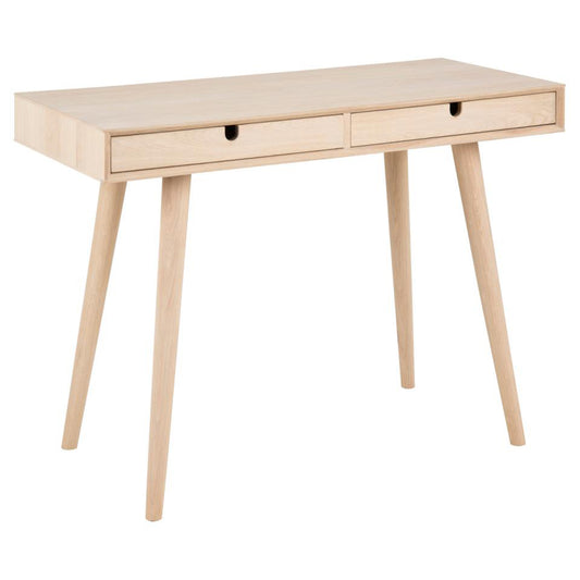A Century brand rectangular office desk with a white pigmented oak veneer finish, featuring a table top and two drawers.