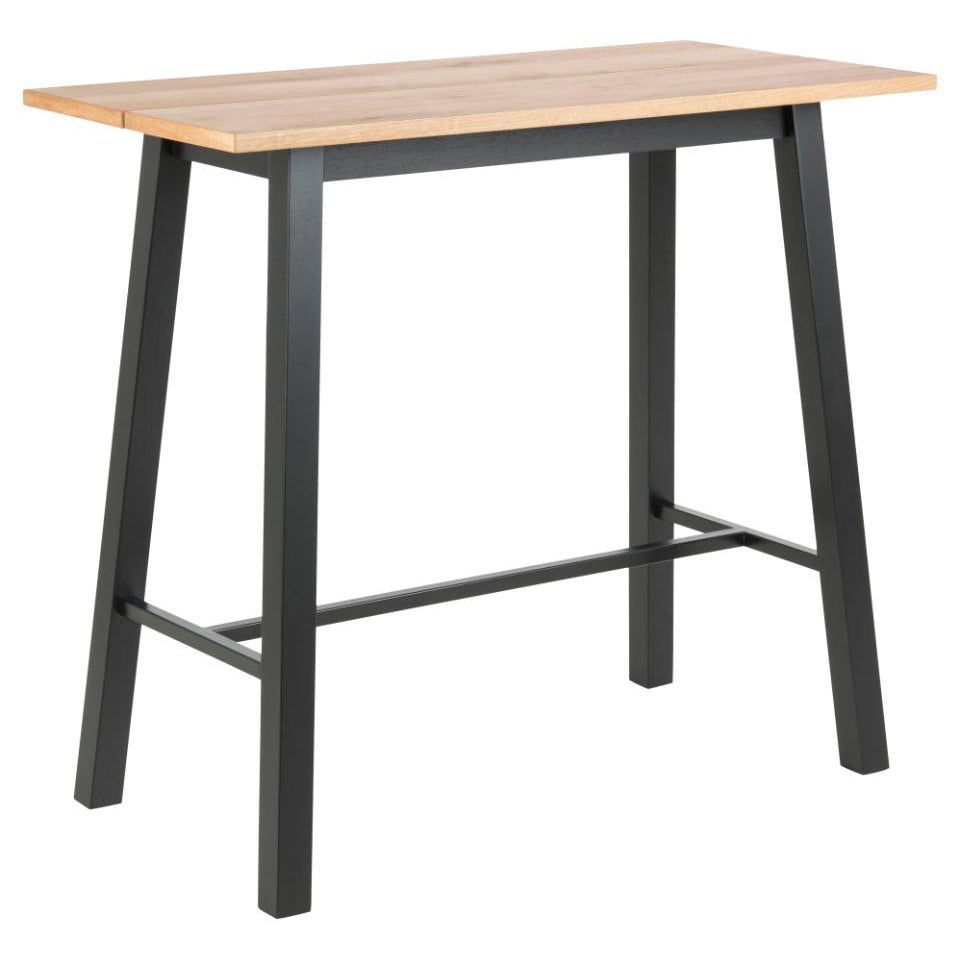 Chara Bar Table In Brown Wild Oak With Black Legs And Metal Footrest 117x58x105 cm
