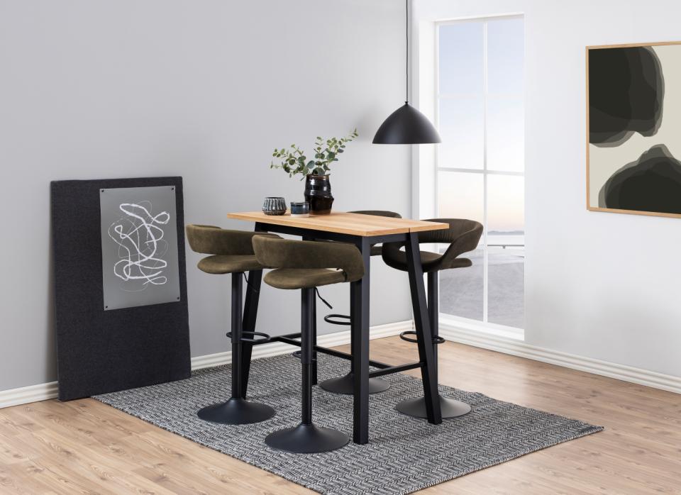 Chara Bar Table In Brown Wild Oak With Black Legs And Metal Footrest 117x58x105 cm