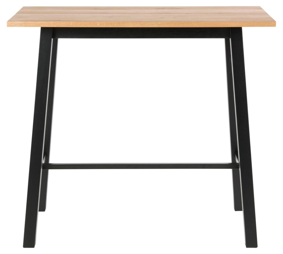 Chara Bar Table In Brown Wild Oak With Black Legs And Metal Footrest 117x58x105 cm