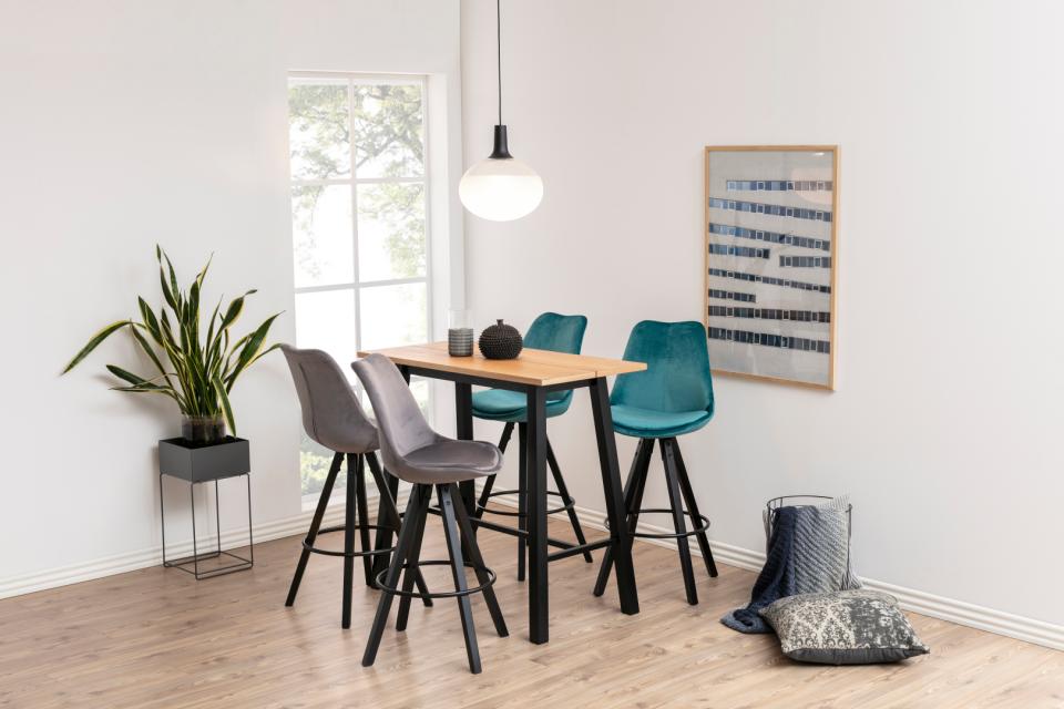 Chara Bar Table In Brown Wild Oak With Black Legs And Metal Footrest 117x58x105 cm