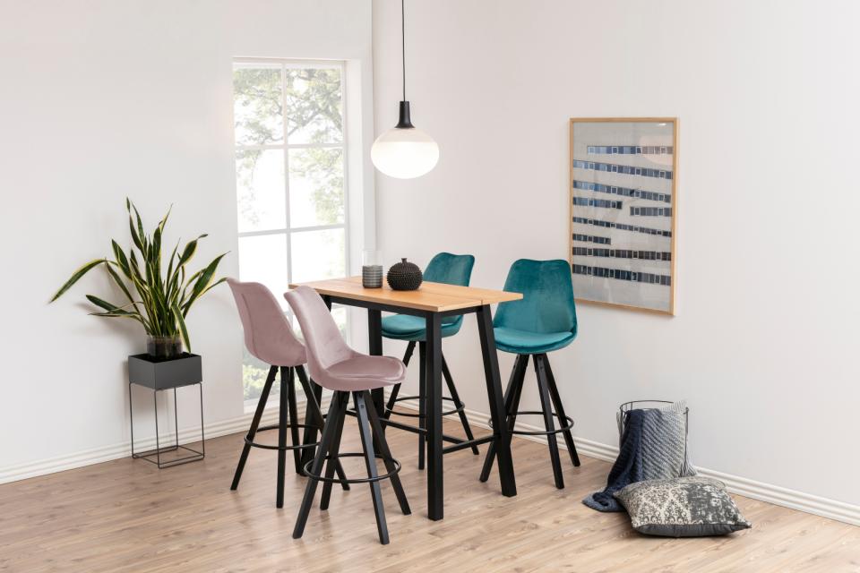 Chara Bar Table In Brown Wild Oak With Black Legs And Metal Footrest 117x58x105 cm