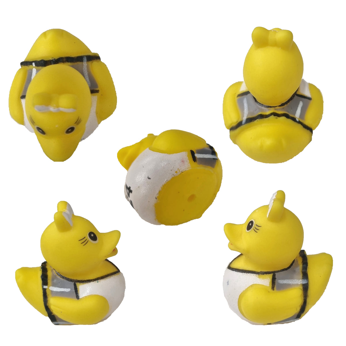 Five views of a small yellow rubber duck wearing a white life vest with black trim, shown on a plain white background.