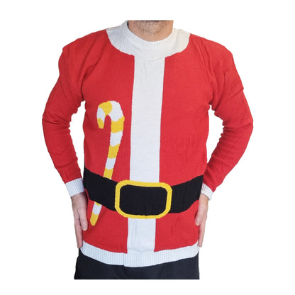 A person wearing a red Christmas themed sweater with a candy cane design on the sleeve and a belt.