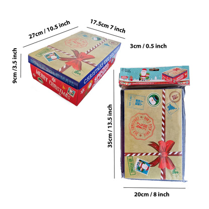 A Christmas-themed gift box packaging set shown on a white background with overlaid dimension labels. The set includes a red and blue Christmas box with a lid, a kraft paper gift bag tied with a red ribbon, and a small matching gift box on top.