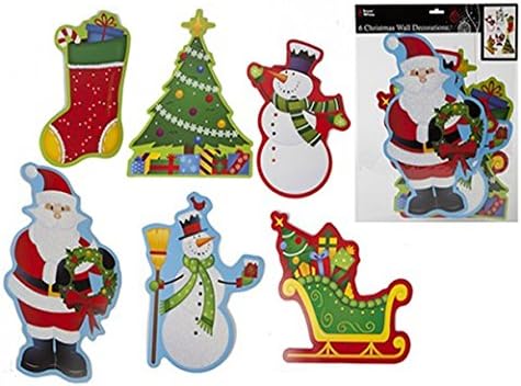 A set of Christmas-themed wall decorations shown both cutout and packaged. The designs include Santa Claus, a snowman, a stocking, a Christmas tree, a sleigh with gifts, and a snowman holding a broom.