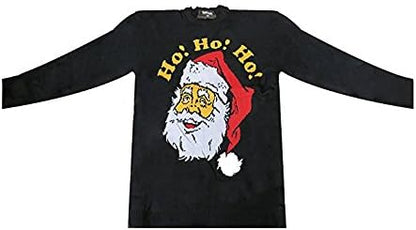 A black long-sleeve Christmas shirt featuring a graphic of Santa Claus's face with 'Ho! Ho! Ho!' printed above it in yellow.