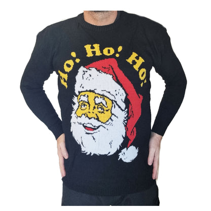 A black Christmas sweater with a colorful Santa Claus 'Ho Ho Ho' design on the front.