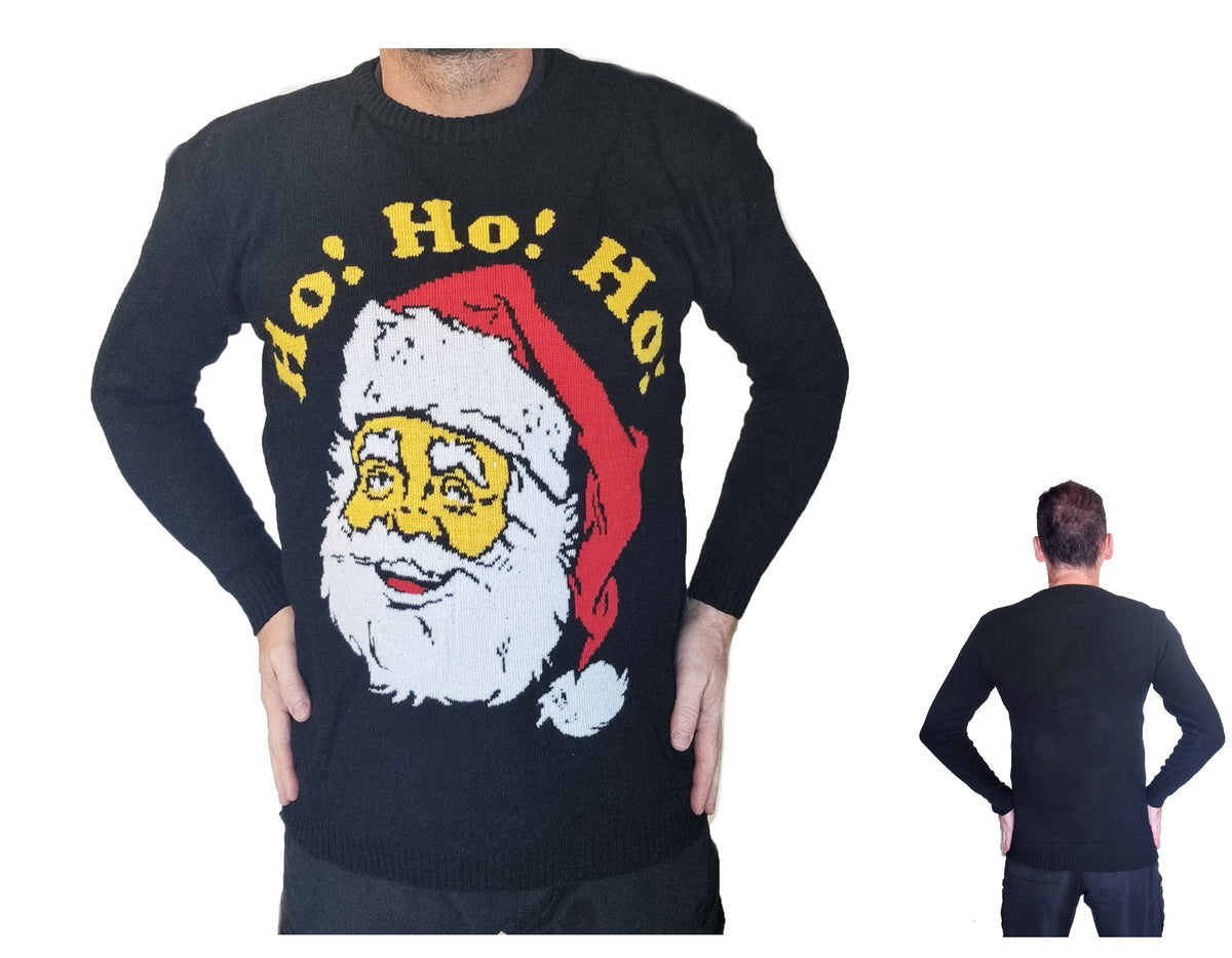 A black long-sleeve Christmas sweater with a large Santa face graphic and the words 'Ho! Ho! Ho!' in yellow, shown on a model from the front with a smaller back view inset on a white background.