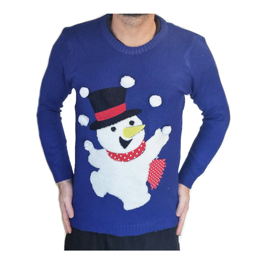Christmas Jumper, Juggling Snowman Unisex Sweater Blue Xmas Novelty Dress Up, Mens Womens
