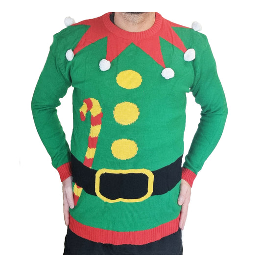 Christmas Jumper In Xmas Elf Candy Cane Belt Design, Unisex Men Women M, L, XL