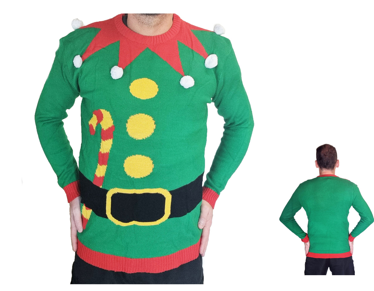 A green elf-themed Christmas sweater with red trim, yellow buttons, a black belt with a yellow buckle, and a candy cane graphic on the chest, shown on a model from the front with a smaller back view inset on the right.