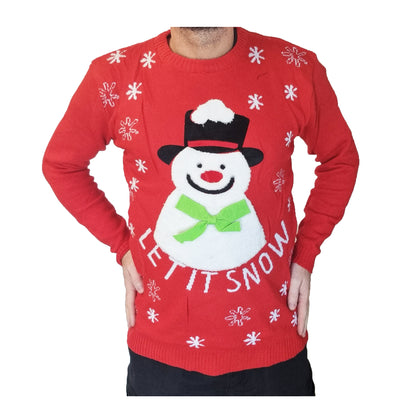 A red sweater with a white snowman on the front with the words 'let it snow' and snowflakes being worn by a male model on a white background
