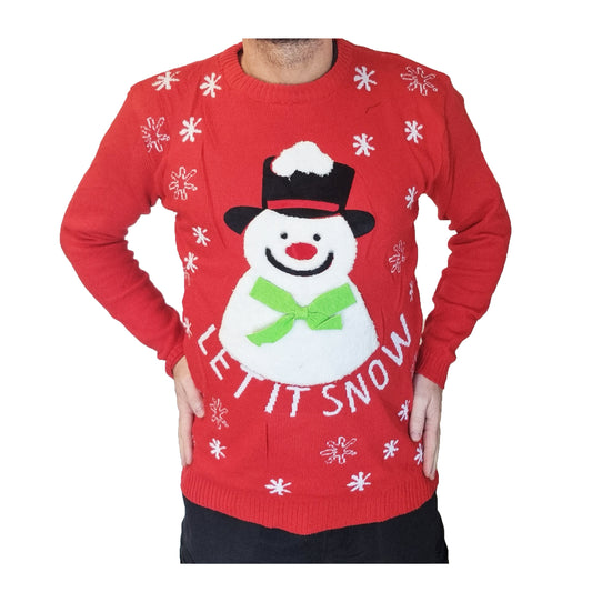 Red Christmas Sweater Jumper Wool Face, Fabric Nose And Scarf, Unisex, Let It Snow M L XL