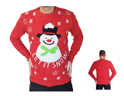 A red long-sleeve Christmas sweater with a large knitted snowman graphic on the front, white snowflakes, and the words 'LET IT SNOW' across the lower front. A smaller inset at the bottom right shows the back view of the sweater worn by a man.