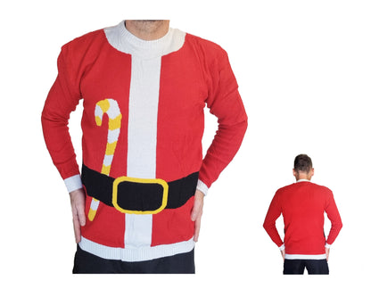 A man wearing a red Santa Claus-themed knit sweater, shown from the front and back on a plain white background. The sweater features a red body with a white vertical stripe, a black belt with a yellow buckle, and a yellow-and-white striped candy cane graphic on the left side.