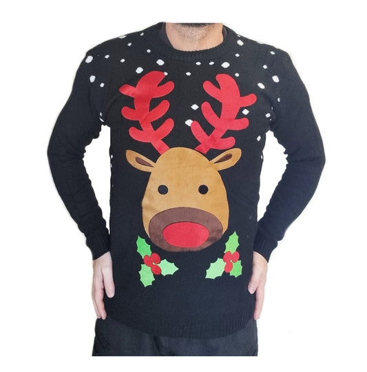 Christmas Jumper with Large Plush Felt Reindeer Face Novelty Xmas Sweater, Unisex M L XL