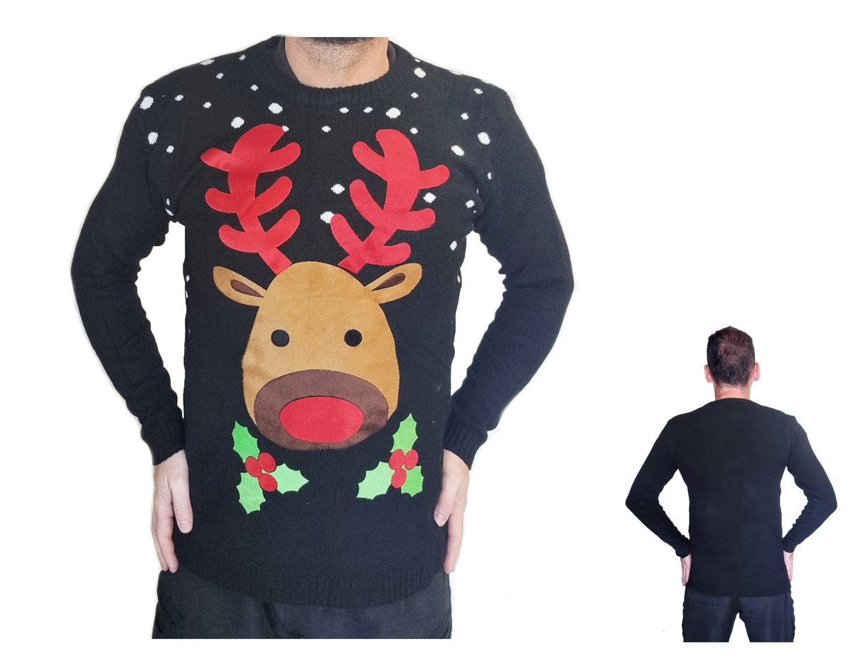 A man wearing a black long-sleeve Christmas sweater with a large reindeer face, red antlers, red nose, green holly leaves, and white snowflakes, shown from the front with a smaller back view inset on a white background.