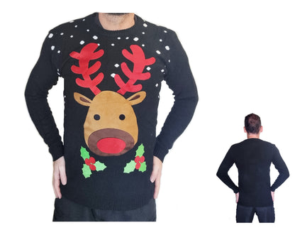 A man wearing a black long-sleeve Christmas sweater with a large reindeer face, red antlers, red nose, green holly leaves, and white snowflakes, shown from the front with a smaller back view inset on a white background.