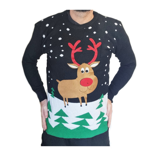 Christmas Jumper Reindeer Snow Scene Plush Novelty Xmas Unisex Sweater M L XL