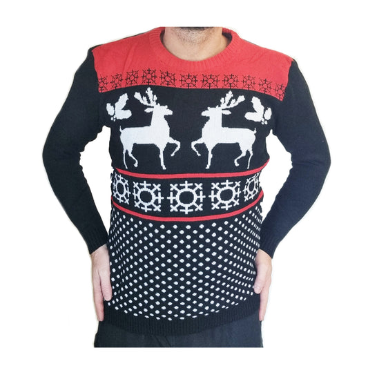 Traditional Print Christmas Jumper Reindeers Black White Unisex Xmas Novelty Dress Up Men Women