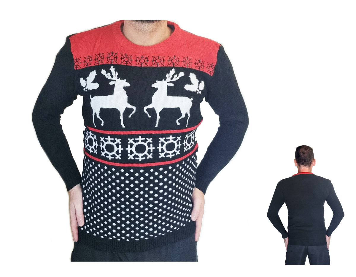 A Christmas-themed knit sweater shown on a cropped male model, with a front view and a smaller back view inset on the right. The sweater has a black body with a red yoke, white reindeer silhouettes, white snowflake and dot patterns, and red trim.