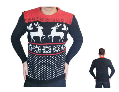 A Christmas-themed knit sweater shown on a cropped male model, with a front view and a smaller back view inset on the right. The sweater has a black body with a red yoke, white reindeer silhouettes, white snowflake and dot patterns, and red trim.