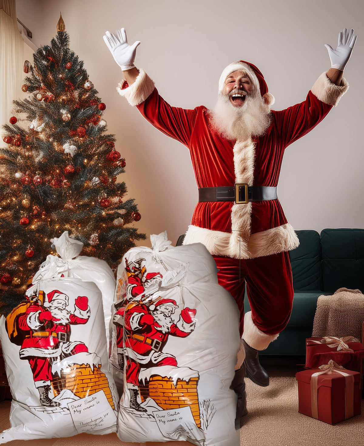 A festive holiday scene with a man dressed as Santa Claus jumping with arms raised, standing between two large white sacks printed with Santa illustrations, in front of a decorated Christmas tree and wrapped gifts.