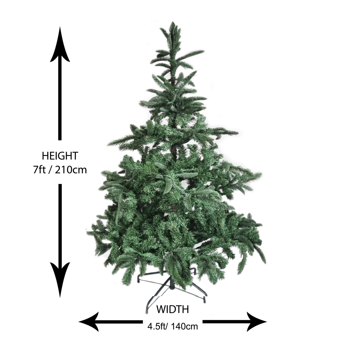 A green artificial Christmas tree on a stand against a white background, with black measurement arrows and text showing height as 7ft / 210cm and width as 4.5ft / 140cm.