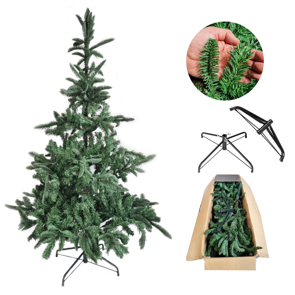 A 7ft artificial Christmas tree with green pine branches and needles, made of PE and PVC, displayed on a stand with a close-up of the branches being bent by a hand.