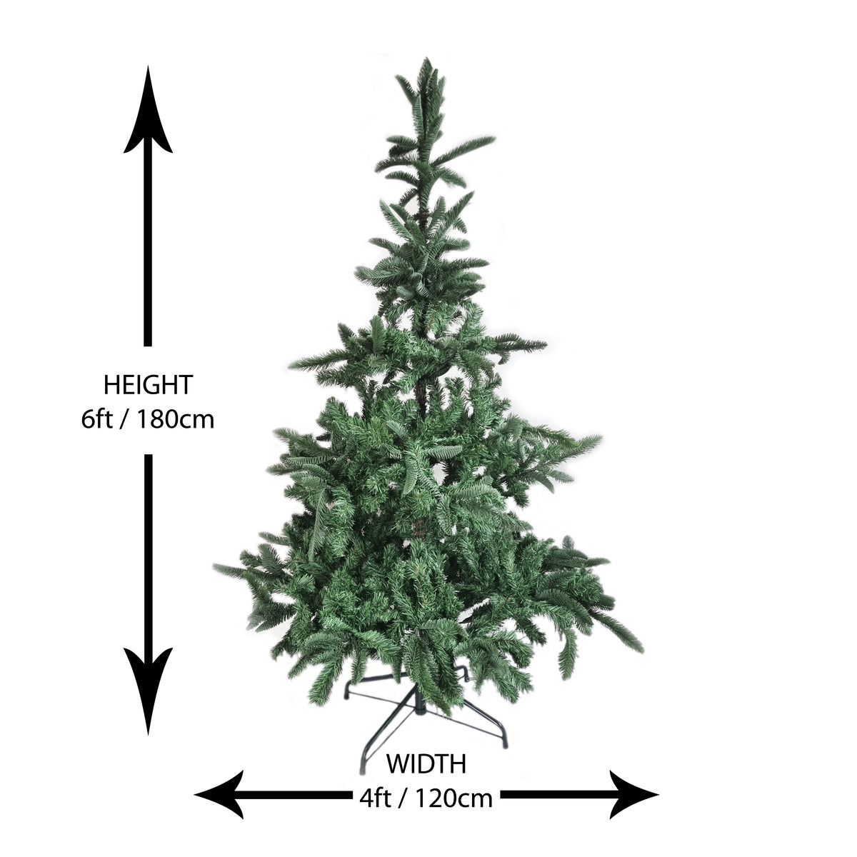 A green artificial Christmas tree on a black stand with measurement arrows showing height as 6ft / 180cm and width as 4ft / 120cm on a white background.