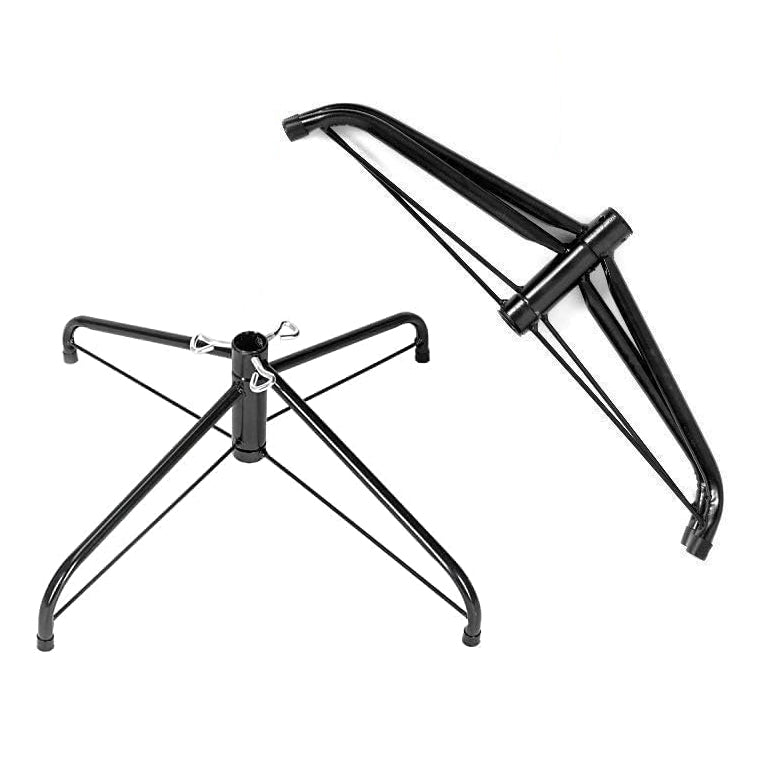 Black metal stand base shown in two views on a plain white background, with one view showing the assembled cross-shaped base and the other showing the folded components.