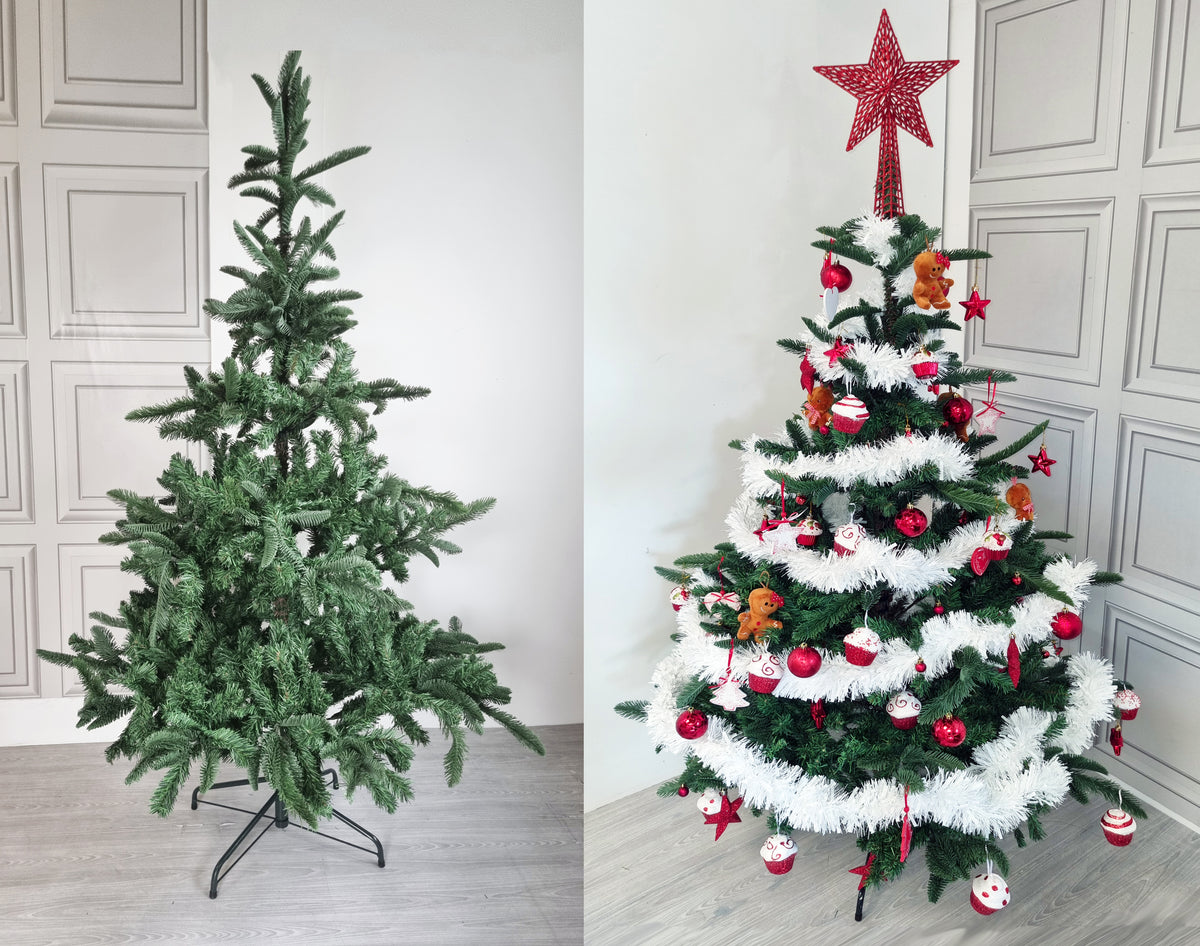 A split-screen comparison showing an artificial Christmas tree in two states: on the left, bare green tree on a black stand; on the right, decorated with white tinsel, red ornaments, and a red star topper, set against a light paneled wall and wood floor.