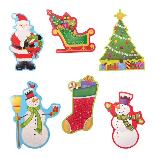 Set of colorful Christmas-themed cutouts including Santa Claus, sleigh, Christmas tree, snowmen, and stocking on a white background.