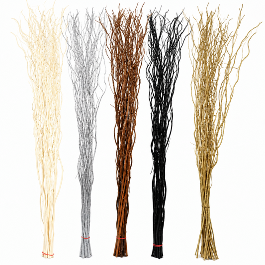 Five bundles of decorative faux tree branches in different colors, shown standing upright against a plain white background. The colors are cream, silver, brown, black, and gold.