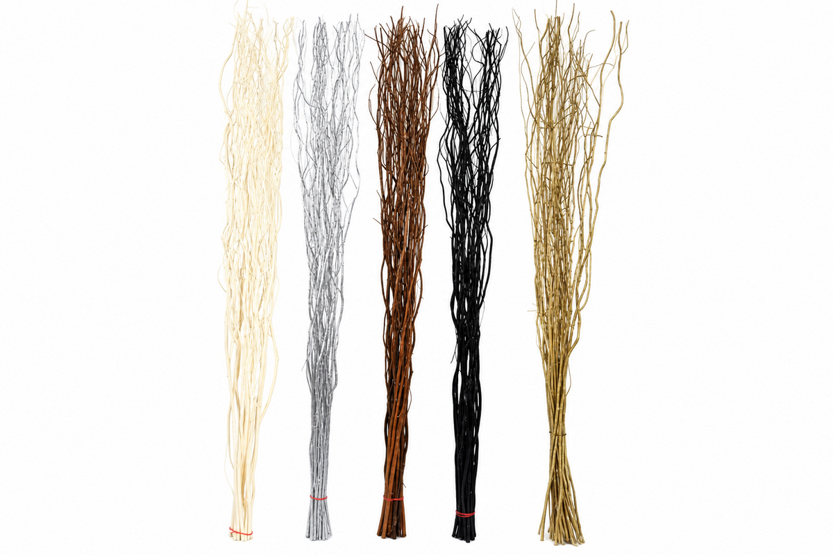 Five bundles of dried branches in different colors on a white background
