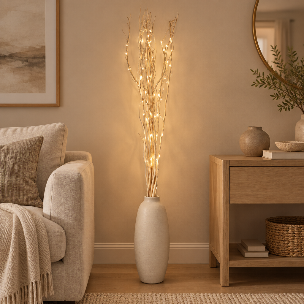 Cream illuminated willow twigs styled in a warm modern living room